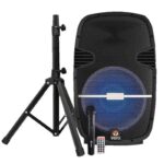 CAJA PARLANTE AMPLIF 8 OHM 15" 600W C/USB/SD/FM/BLUETOOTH/TWS/C/REMOT/MICROF Y PEDESTAL RECARGABLE "VZ-HLKIT313-P"