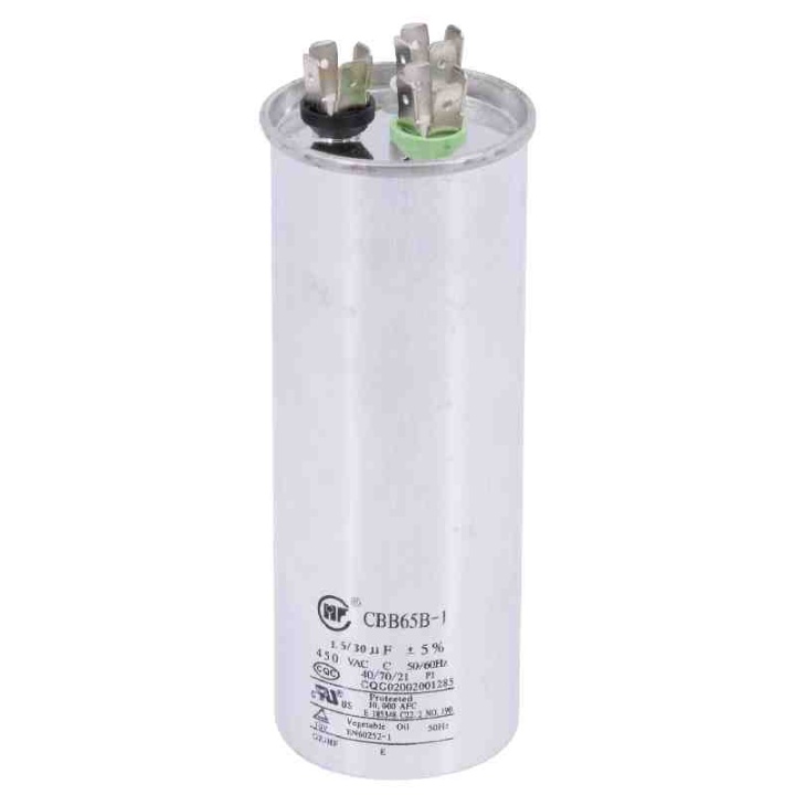 46010051 CAPACITOR ARRANQUE 30UF+1.5UF 450VAC 50/60HZ CBB65B-1 METALICO C/3 TERMINALES "25-30+1.5UF450V" - Imagen 1