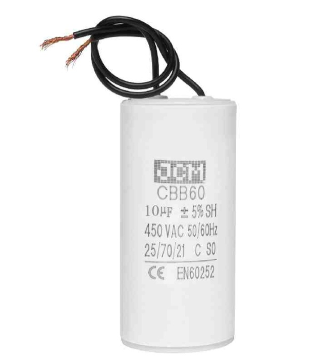 46080037 CAPACITOR ARRANQUE 10UF 450VAC 50/60HZ CBB60 PLASTICO C/CABLES "25-ACK10UF450V" - Imagen 1