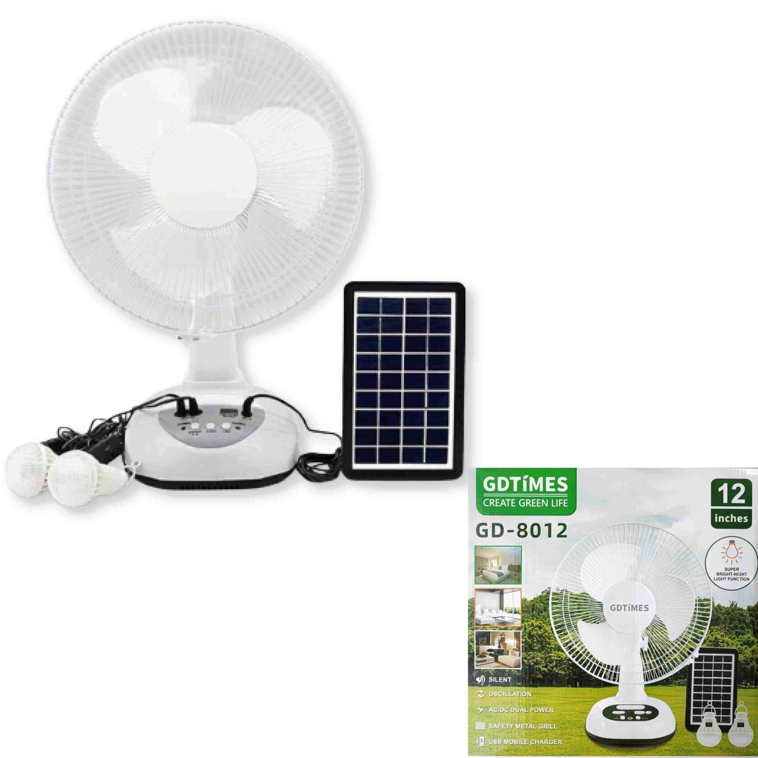 51120029-1.jpg ABANICO 12" DE MESA DOS VELOCIDADES RECARGABLE 110V Y SOLAR C LUZ C/DOS BOMBILLOS USB 5V "GD-8012 SMART" - Imagen 1